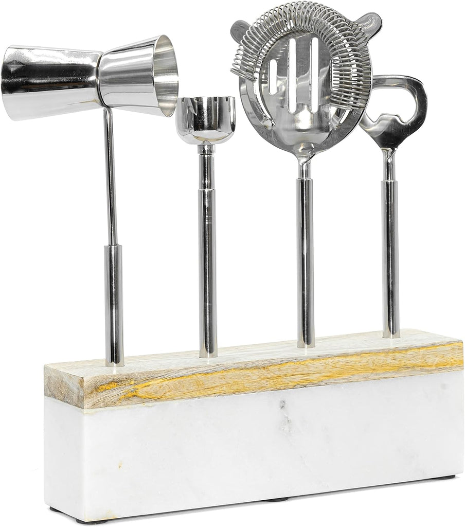 Mixology Bartender Kit | Bar Tool Set with Wood Base and Stainless Steel Frame | Perfect Home Bartending Kit for - Set of 4