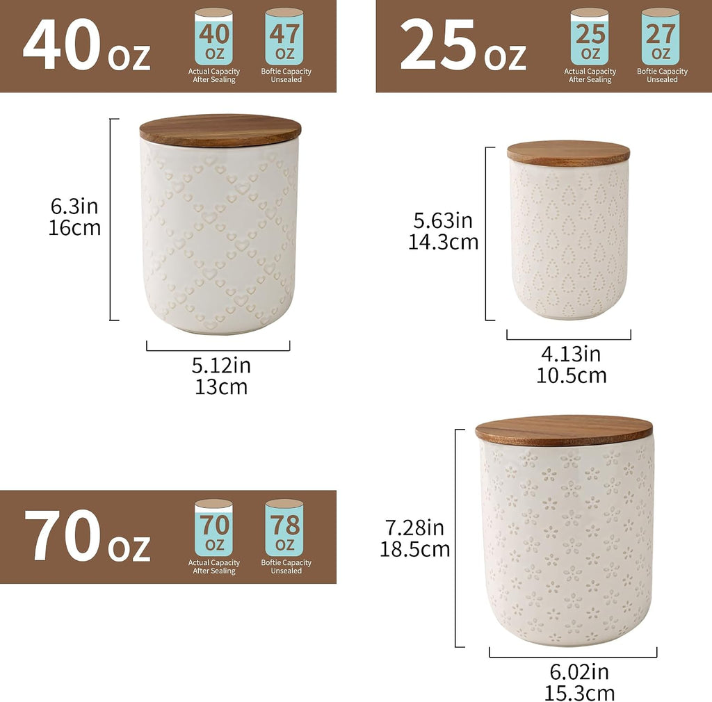 Canisters Sets for the Kitchen, White Ceramic Canister Set with Airtight Wood Lids, Embossed Food Storage Jars - Set of 3