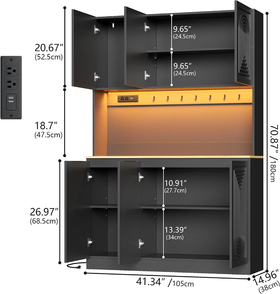 71" Kitchen Pantry with Power Outlet & LED Light, Large Kitchen Hutch Cabinet with Adjustable Shelf, Modern Buffet