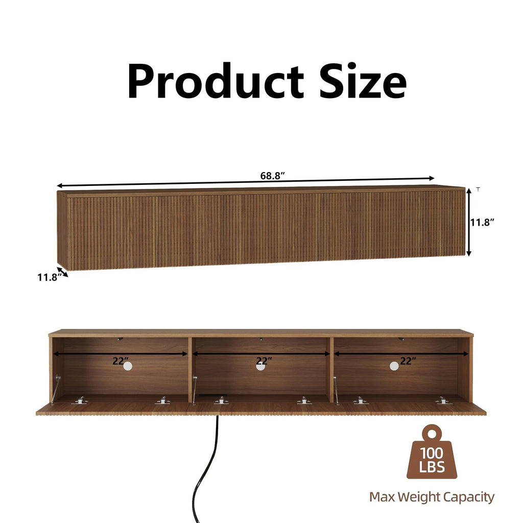 Oak Floating TV Stand, Fluted TV Console Wall Mounted, Floating Entertainment Center, Fluted TVs Cabinet Wood, Oak