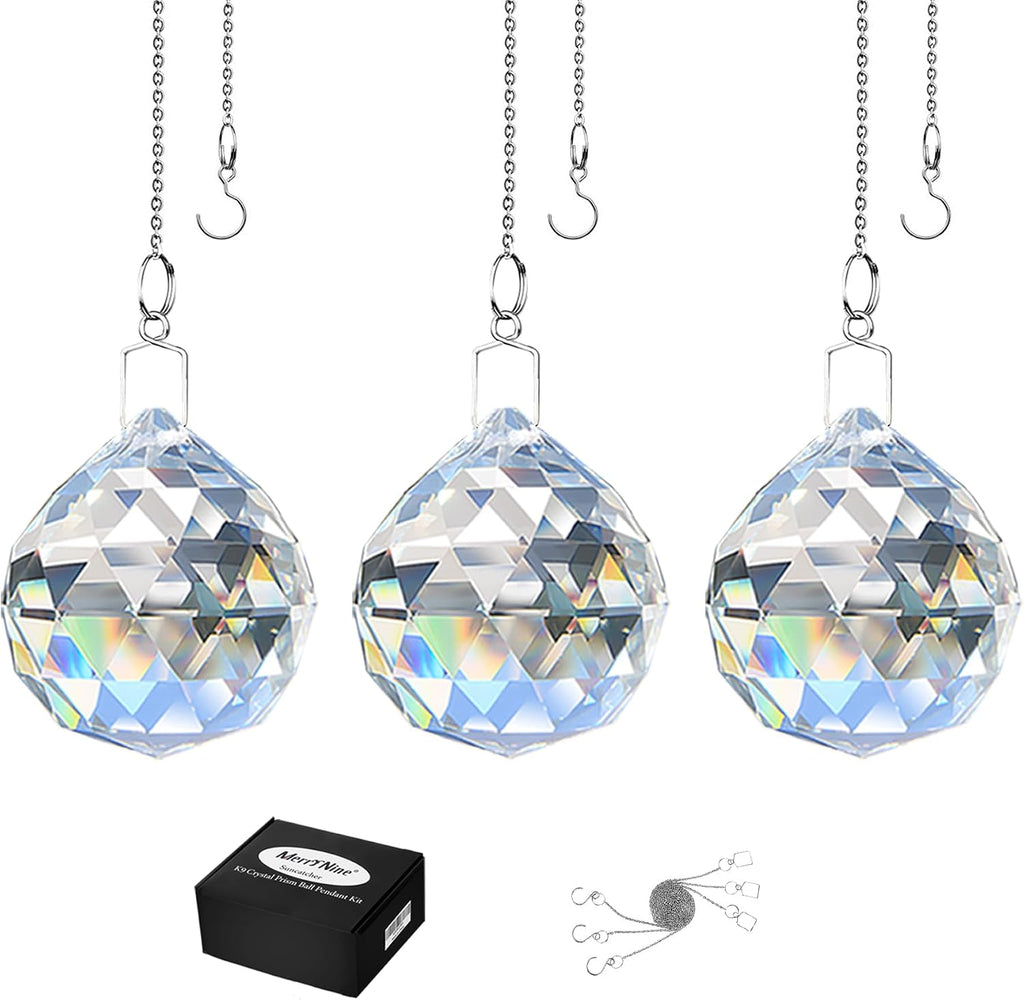 Clear Crystal Sun Catcher Suncatcher Prism Ball with Metal Chains - 3 Pack, 1.6"/ 40mm, Rainbow Pendant Maker