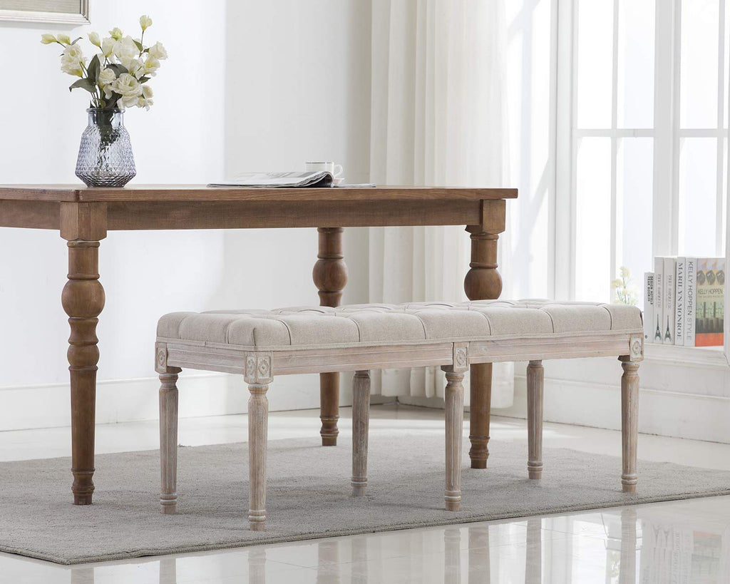 45.3" Upholstered Dining Room Bench, Rustic Living Room Ottoman Bench with Carved Pattern & Rustic White Brushed