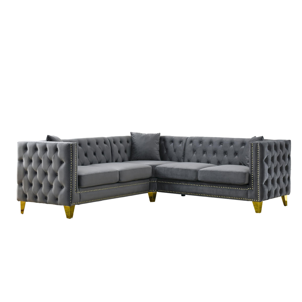 82.2" Tufted Velvet Corner Sofa, 5 Seat L-Shaped Sectional Couch, Buttons Tufted Square Arm Couch Apartment, Gray