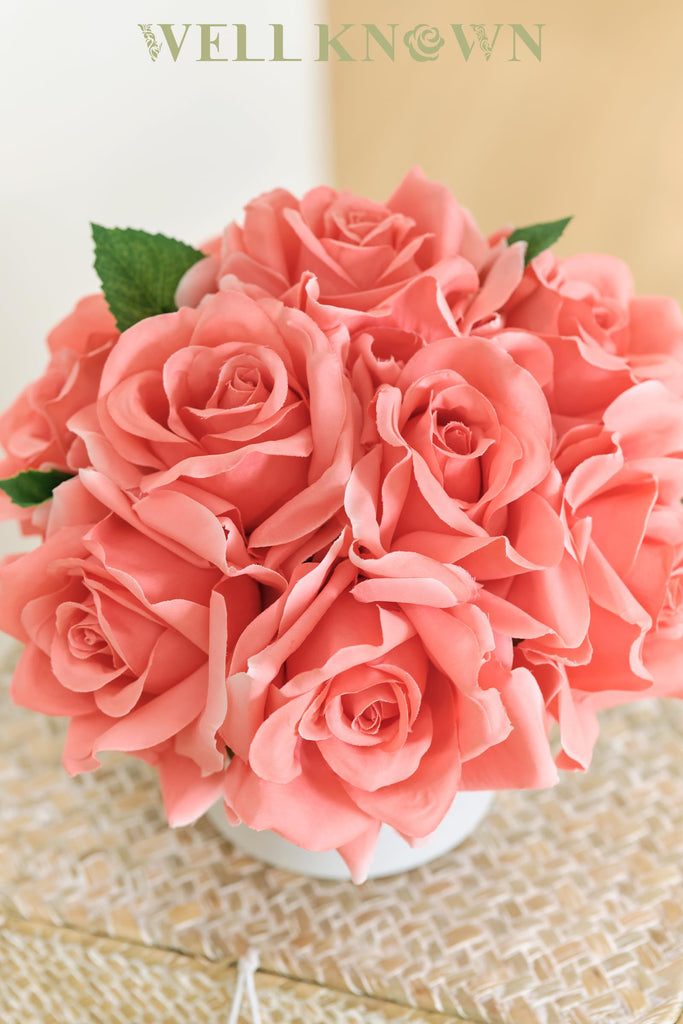 Artificial Rose Bouquet in Ceramic Vase, Silk Flower Arrangement in Pot, Real Touch Fake Flowers with White Vase for