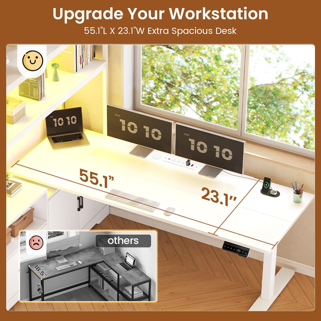 57" L Shaped Standing Desk, Sit Stand Office Desk with Storage Hutch