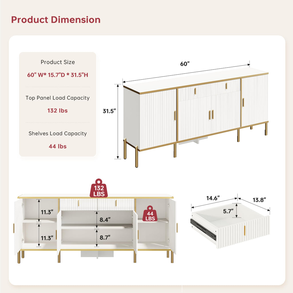 60" Fluted Buffet Cabinet with Storage, Modern Buffets & Sideboard with 2 Drawers, 4 Doors and Adjustable Shelves