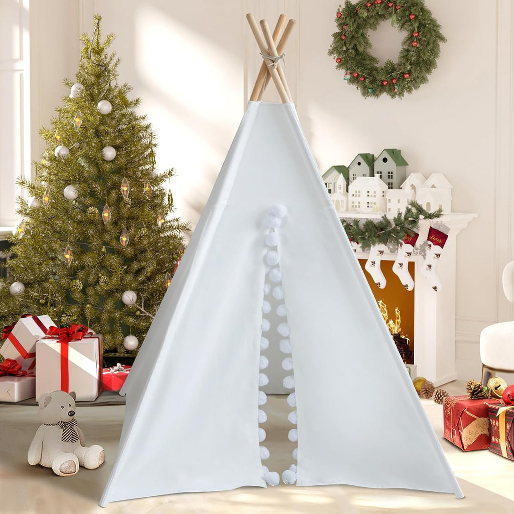 Teepee Tent for Kids with Padded Mat Cotton Canvas Kids Teepee with Pompom for Toddlers Indoor Play Tent for Girls