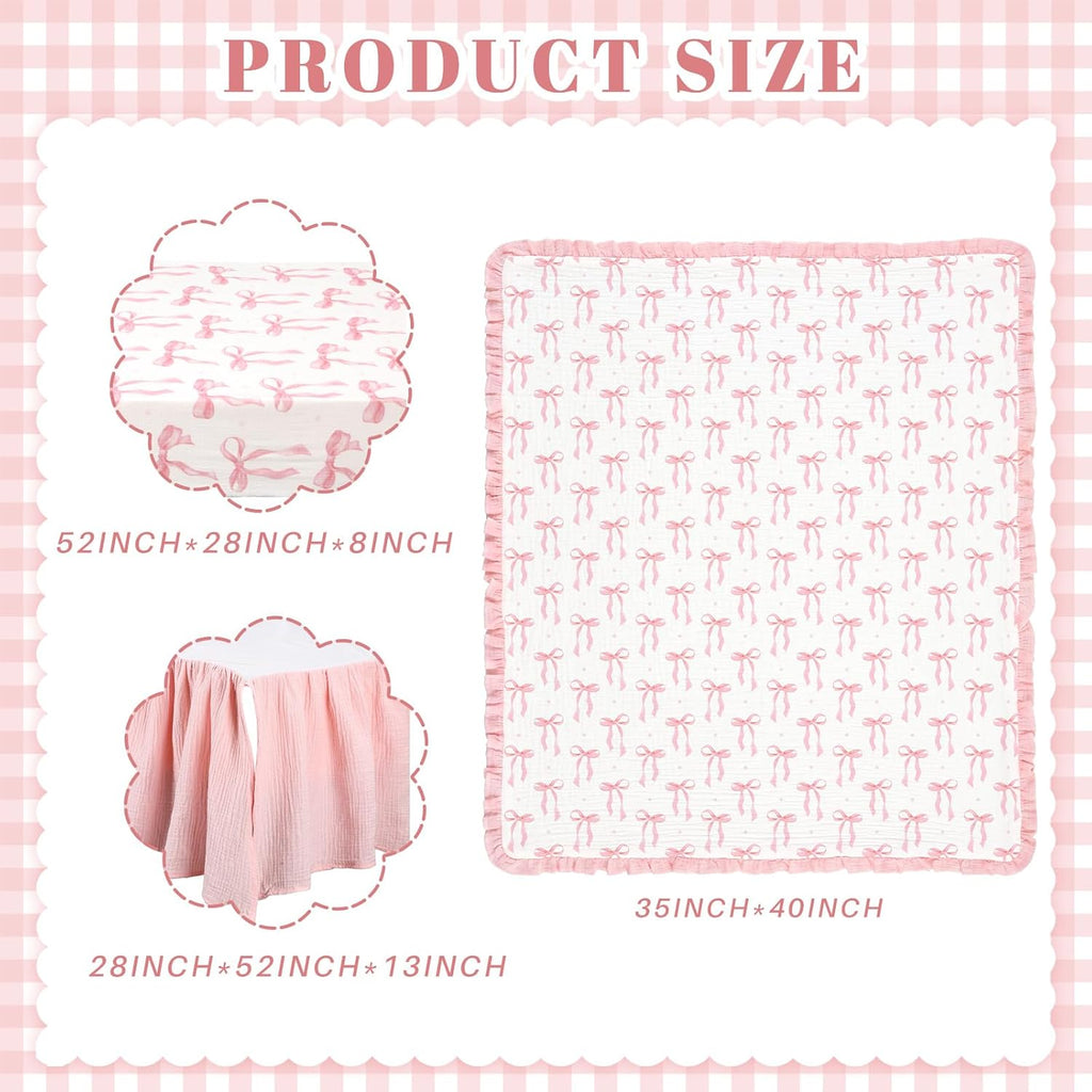 Pink Bow Crib Bedding Set of3 with Sheet Quilt Bed Skirt