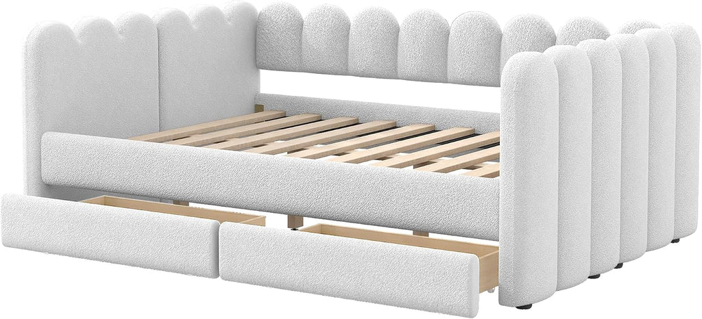 Queen Size Lambswool Upholstered Daybed with 2 Storage Drawers, Modern White Soft Daybed Frame, Curved Ribbed Panel