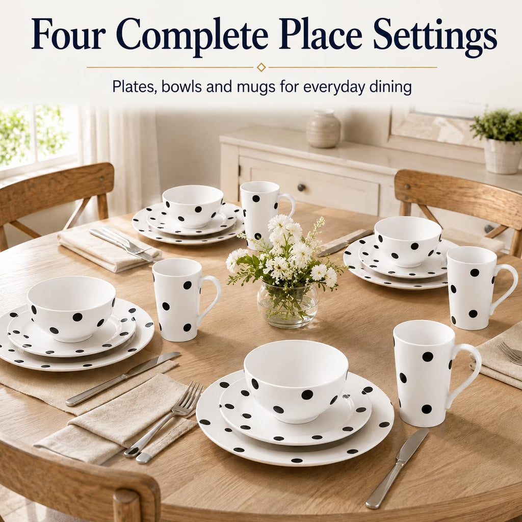 Black and White Polka Dot Dinnerware Set for 4, 16-Piece