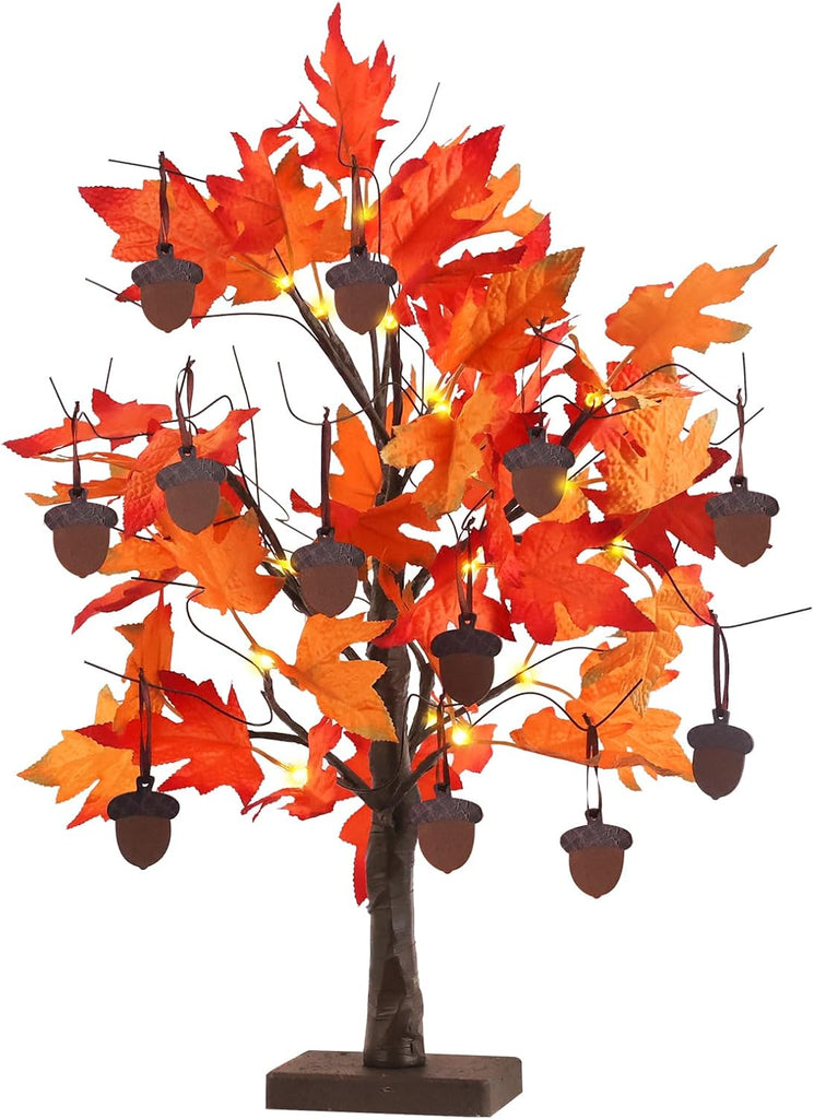 Fall Decorations, Thanksgiving Decorations, 24"/2FT Lighted Fall Maple Leaves Tree with 24 LEDs for Autumn Decor, 12