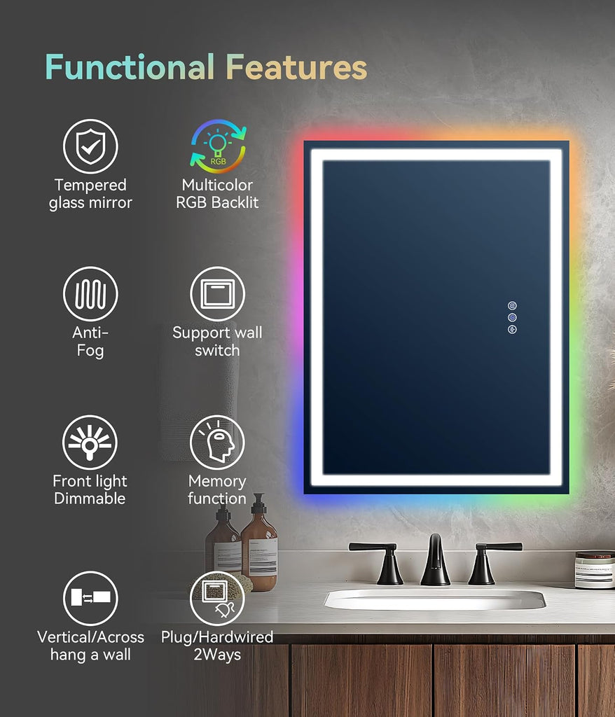 28" x 20" LED Vanity Mirror with RGB Backlight and Front Light, Anti-Fog Color-Changing Bathroom Mirror