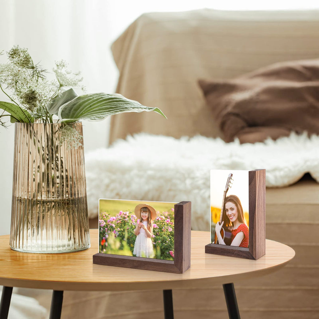4x6 Picture Frames 2 Pack - Rustic Vintage Wooden Picture Frames 4x6 L-shape Wood Double Side Acrylic Photo Frame