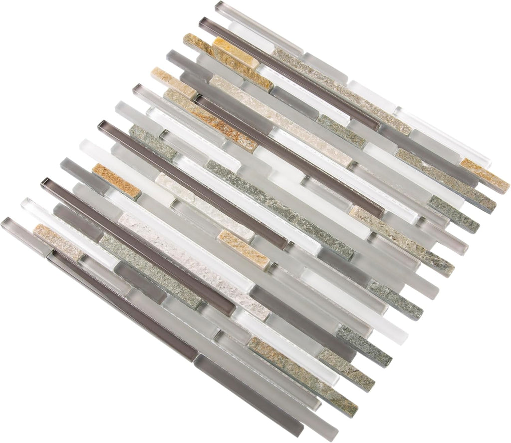 Linear Mosaic Stone Tile Gray & Black 11.8x11.8 Polished 4.83 sq ft 5-Pack | Mesh-backed natural marble. Kitchen