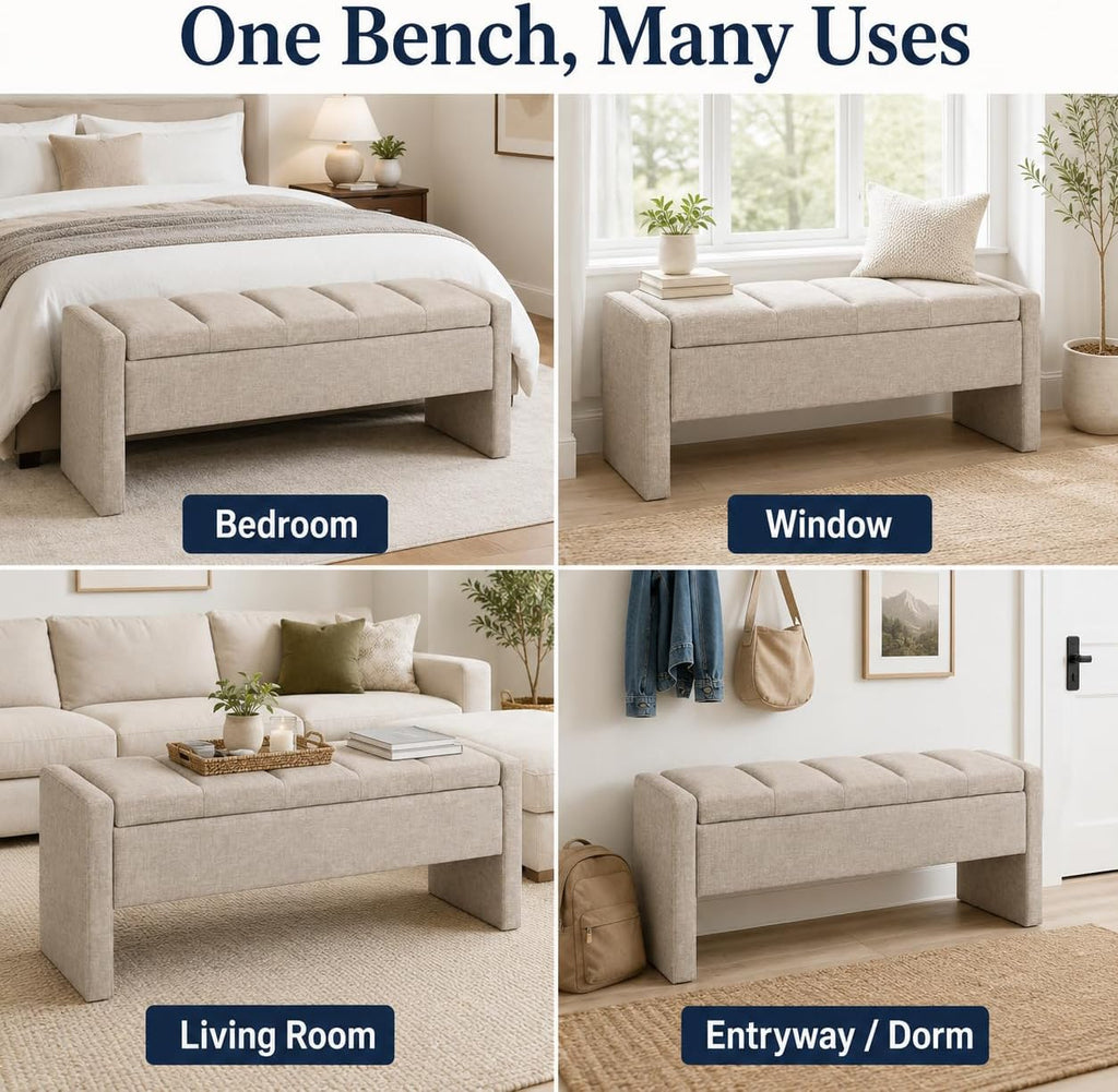 47.25 Inch Storage Ottoman Bench, Linen Upholstered, Grey Brown | End of Bed Storage Bench, Entryway Shoe Bench and
