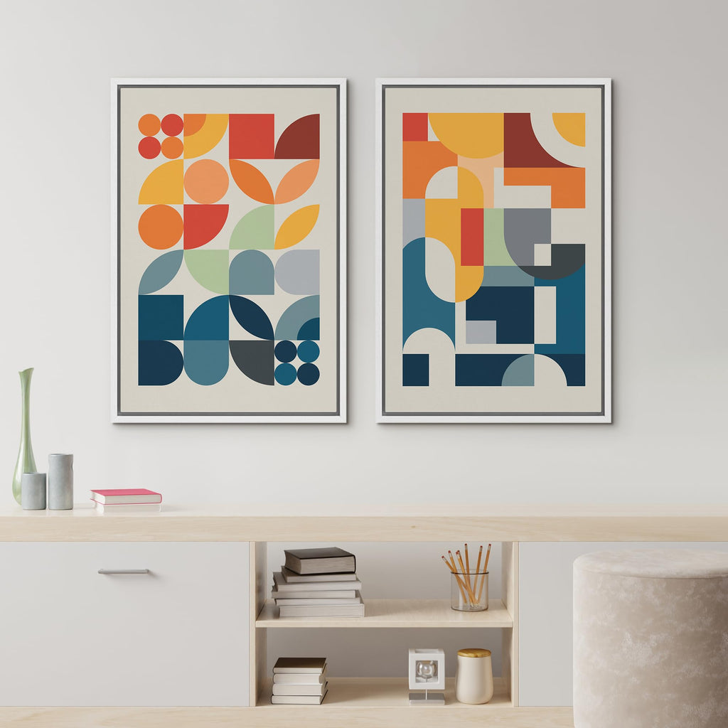 Framed Canvas Print Wall Art Set Mid-Century Modern Red & Blue Geometric Color Blocks Abstract Shapes Illustrations