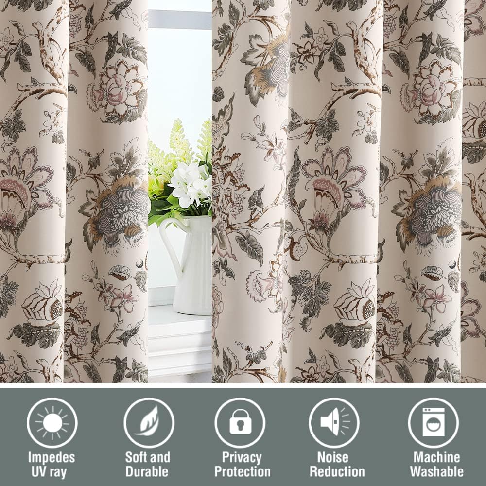 Blackout Curtains 96 Inch Length 2 Panels Set Floral Print Curtain Drapes for Living Room Thermal Insulated Grommet