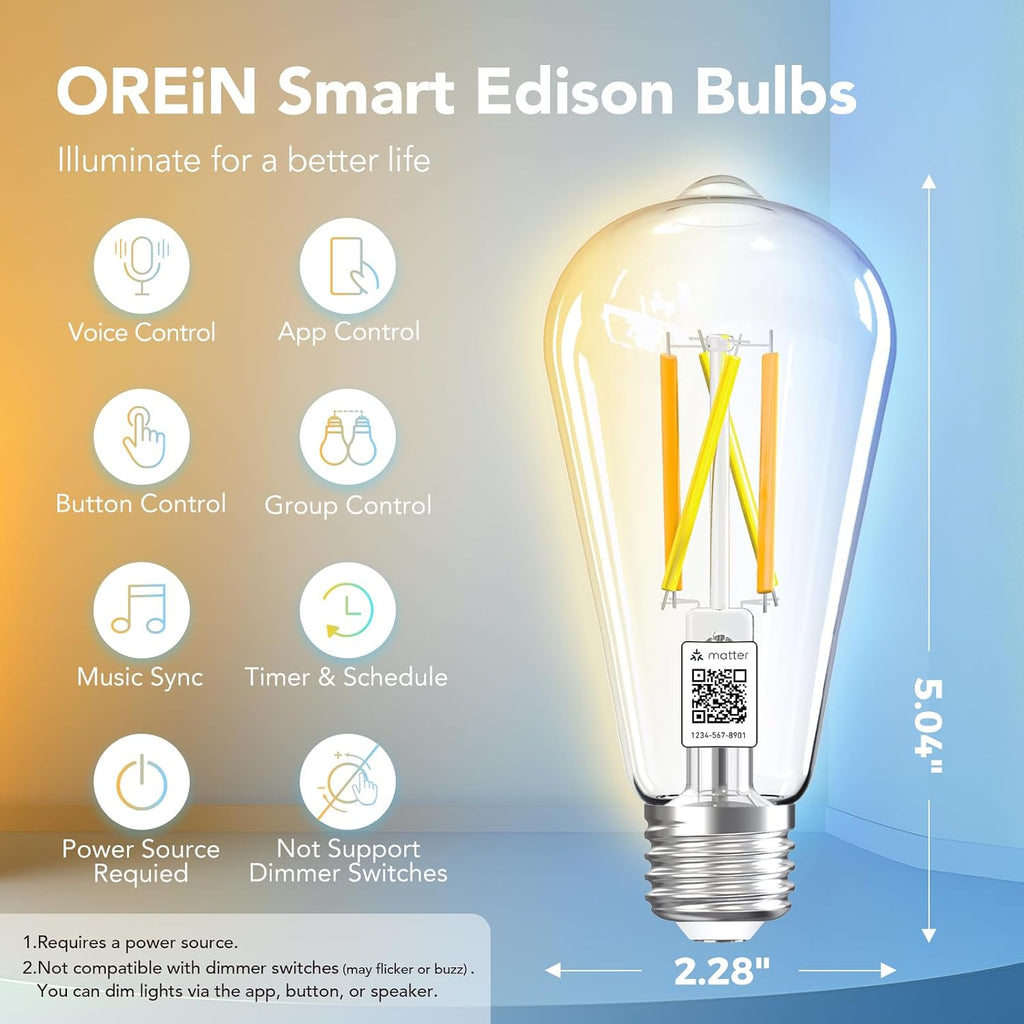 Matter Smart Edison Bulbs, Works with Alexa/Apple Home/Google