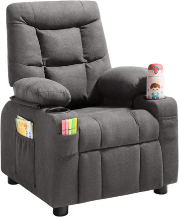 Kids Recliner Chair, Toddler Lounger with Cup Holders & Pockets, 107° to 126° Adjustable Back, Breathable Polyester