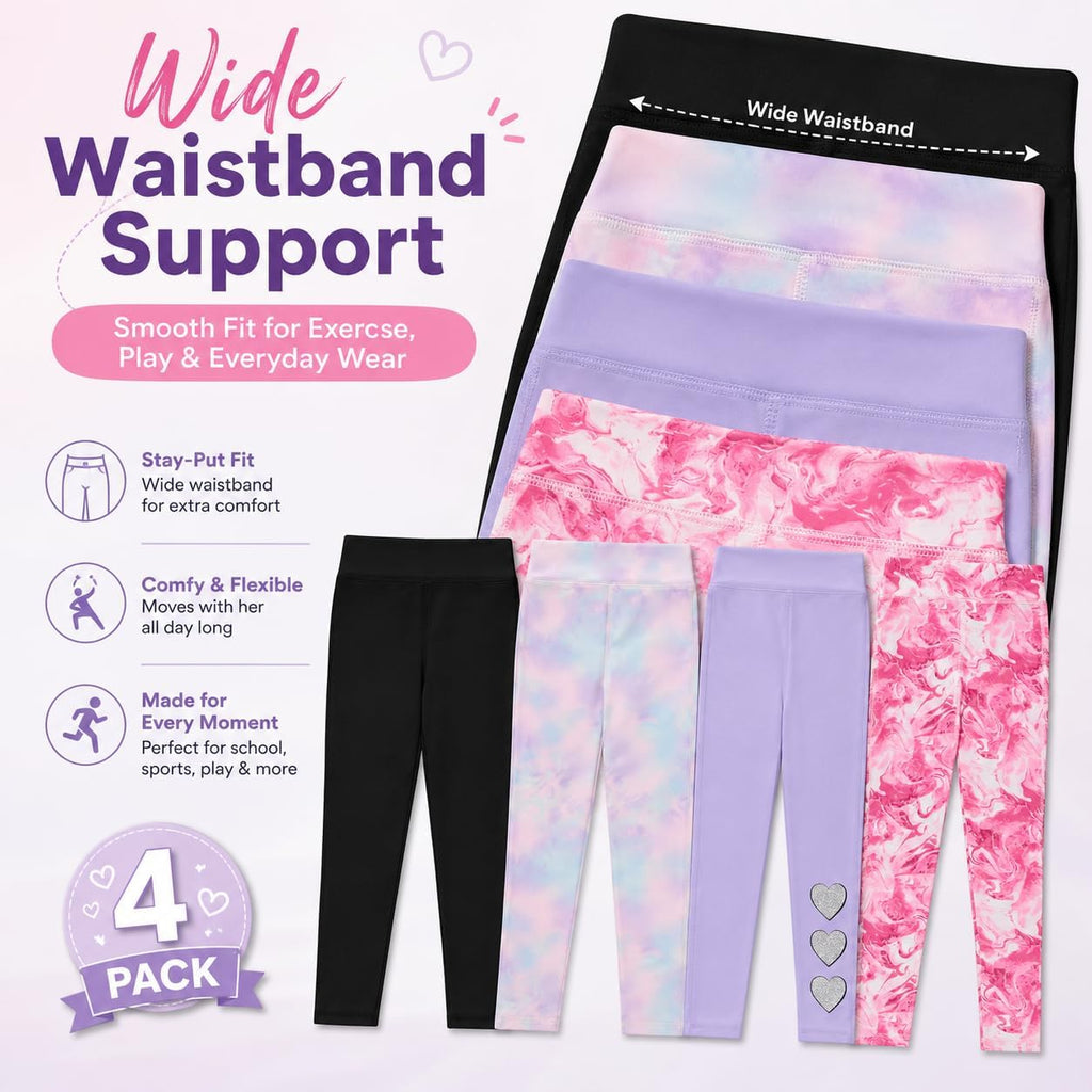 Girls 4 Pack Leggings Set, Exercise, Sports Tights with Wide Waistband for Girls