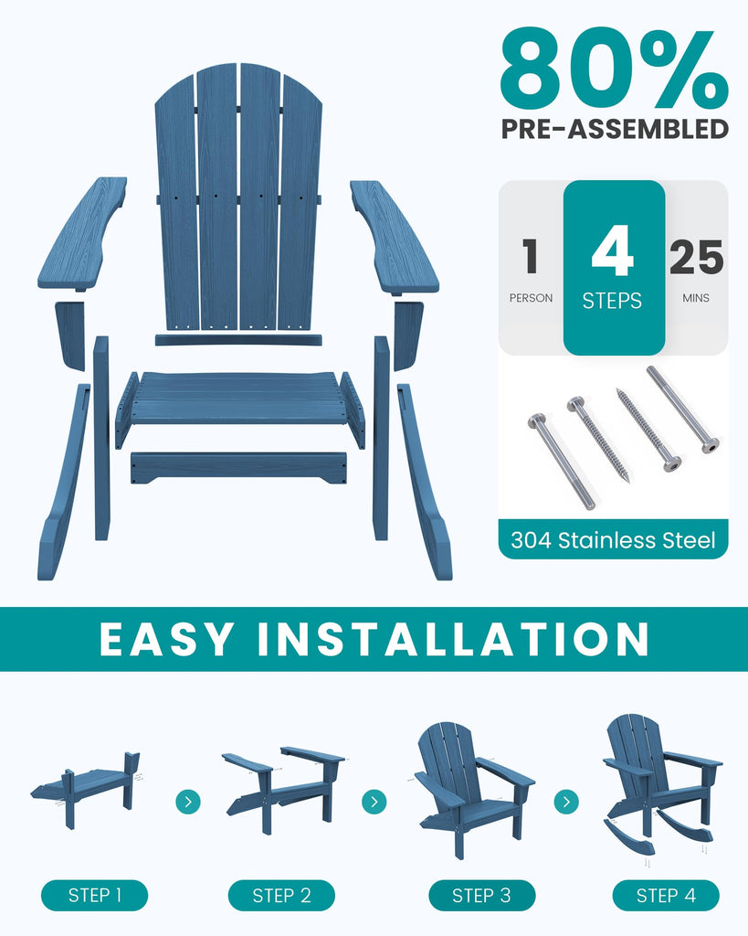 Outdoor HDPE Adirondack Rocking Chairs, All-Weather, Navy, 2PCS