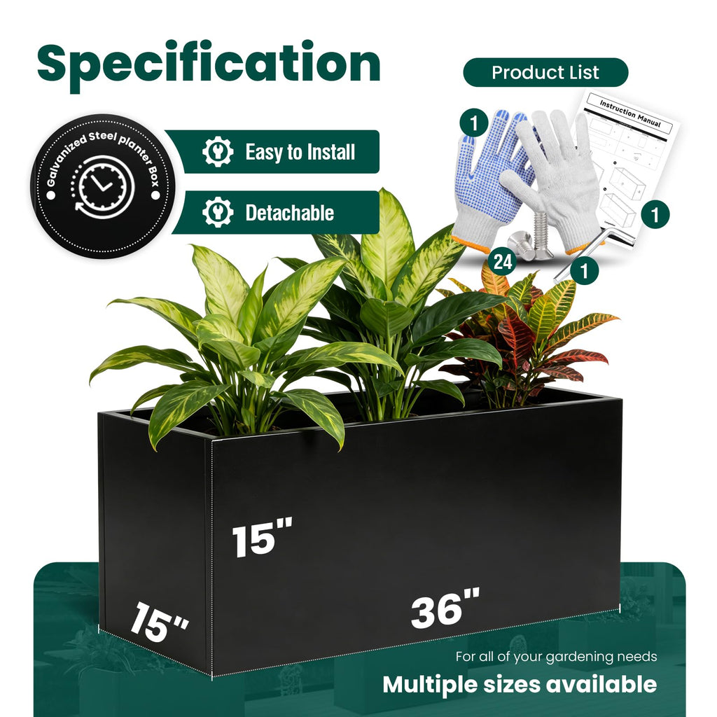 Metal Rectangular Planter Black Galvanized Steel 36" L x 15" W x 15" H