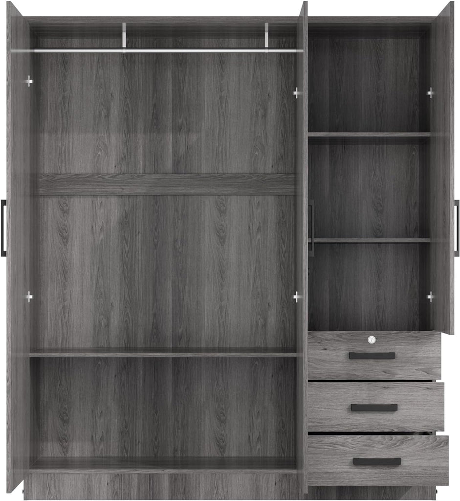 Violet Wardrobe Mirrored Door Closet 3 Doors and 3 Drawers (Grey)