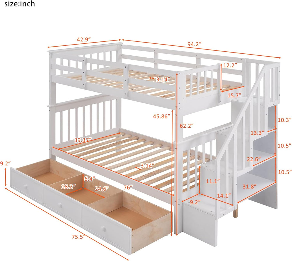 Stairway Bunk Bed with Storage Drawers, Twin Over Twin Wood Bunk Bed with Stairs for Kids Teens, Convertible Two Bed