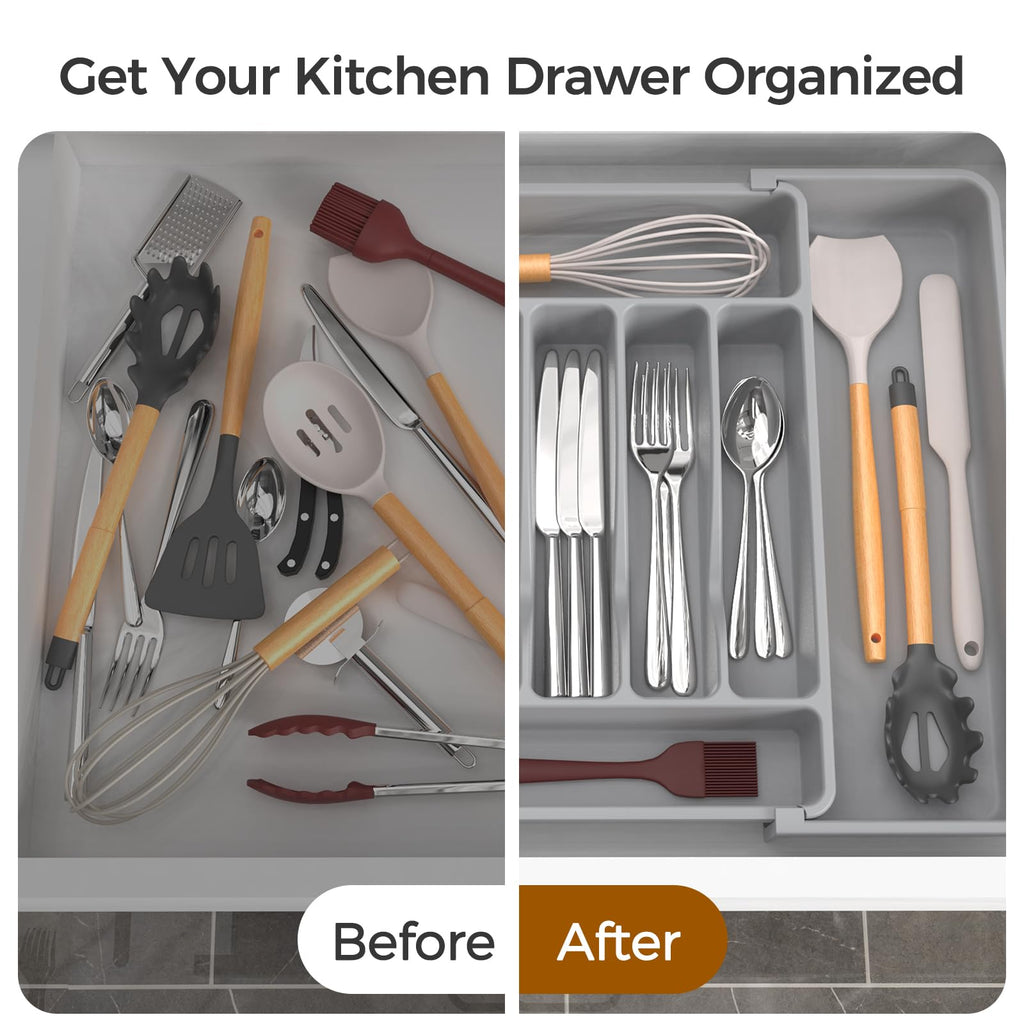 Extra Large Expandable Silverware Organizer, Flatware Tray,Gray