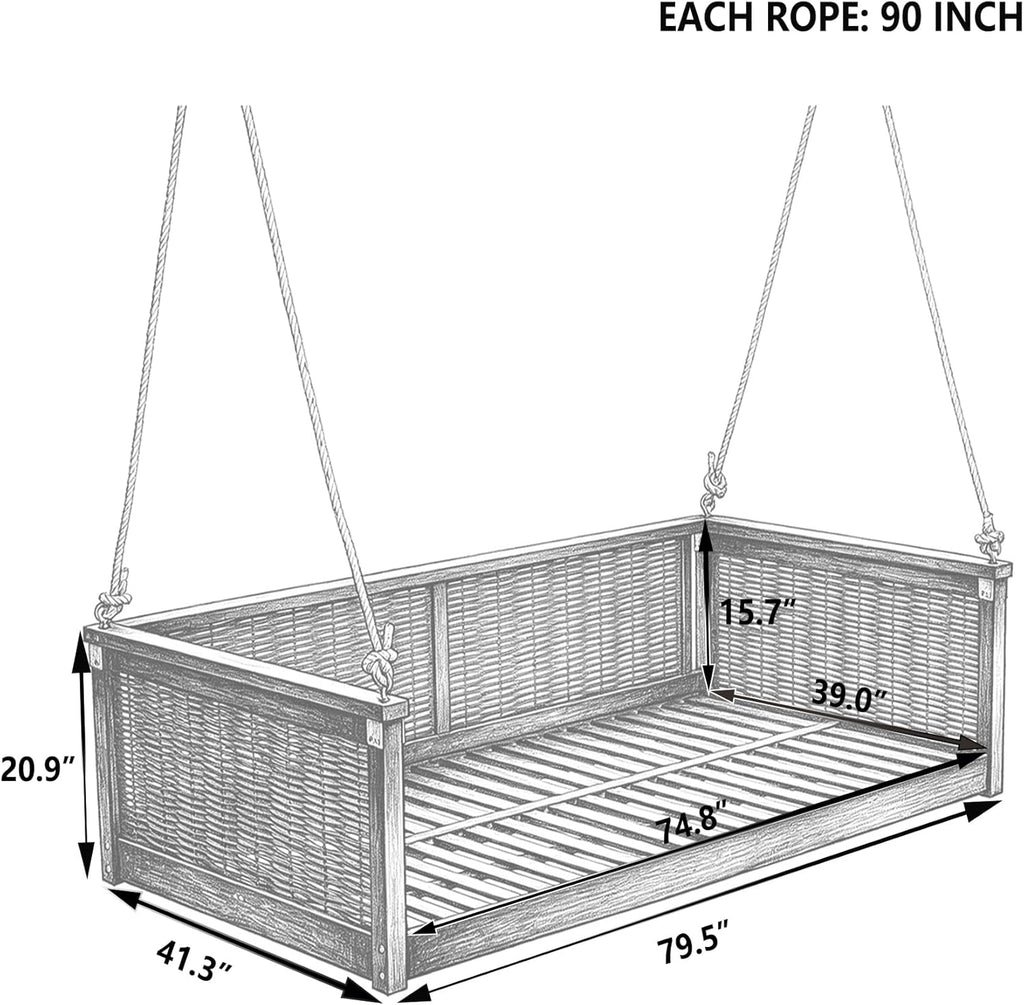 Twin Size Wooden Outdoor Swing Bed, Acacia Wood Porch Swing with Rattan Backrest and Ropes , Backyard & Garden, Teak