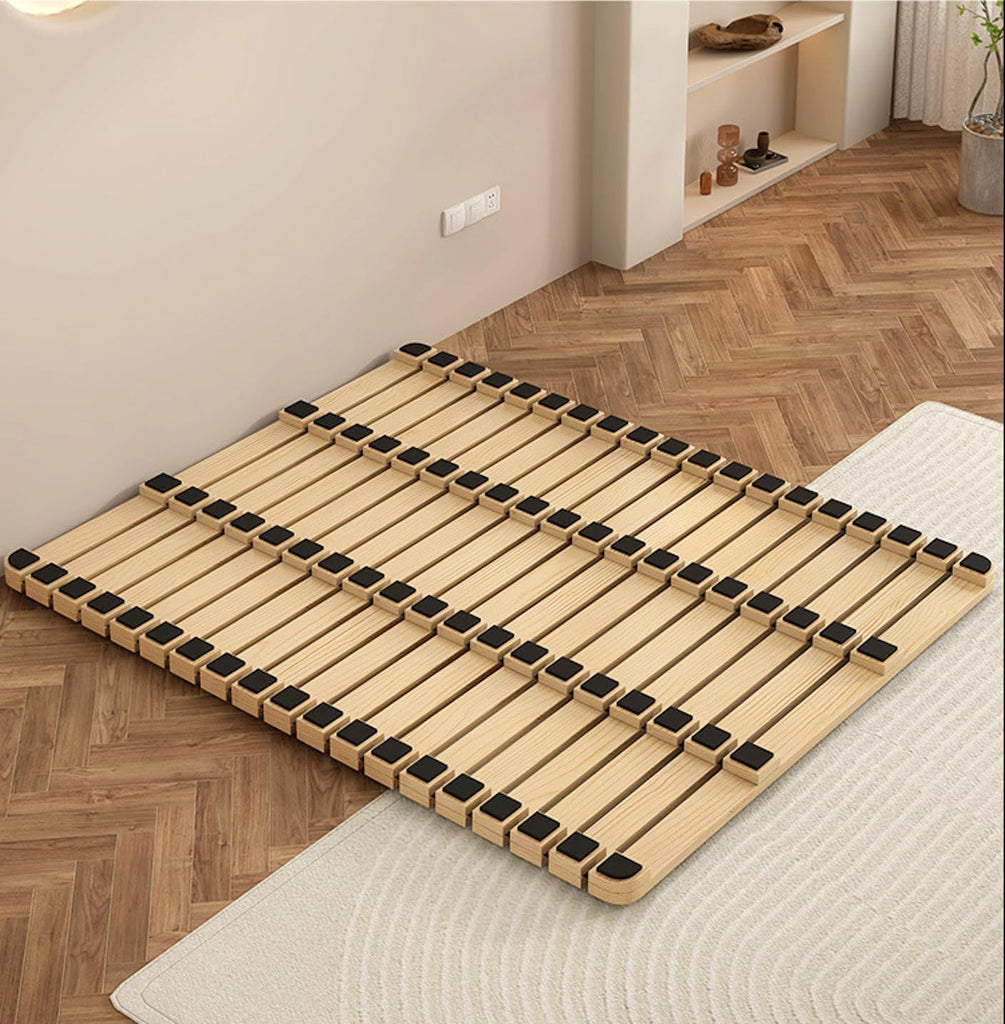Solid Wood Slatted Bed Frame, Japanese Floor Platform, Natural Wood, Foldable Roll-Up Design, Breathable Tatami