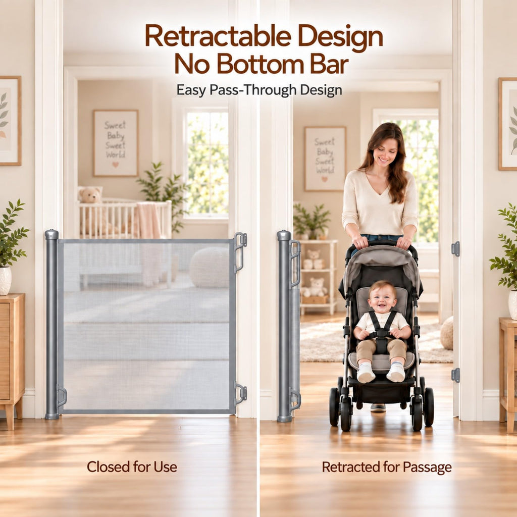Retractable Baby Gate, 55" Wide Mesh Gate, Gray