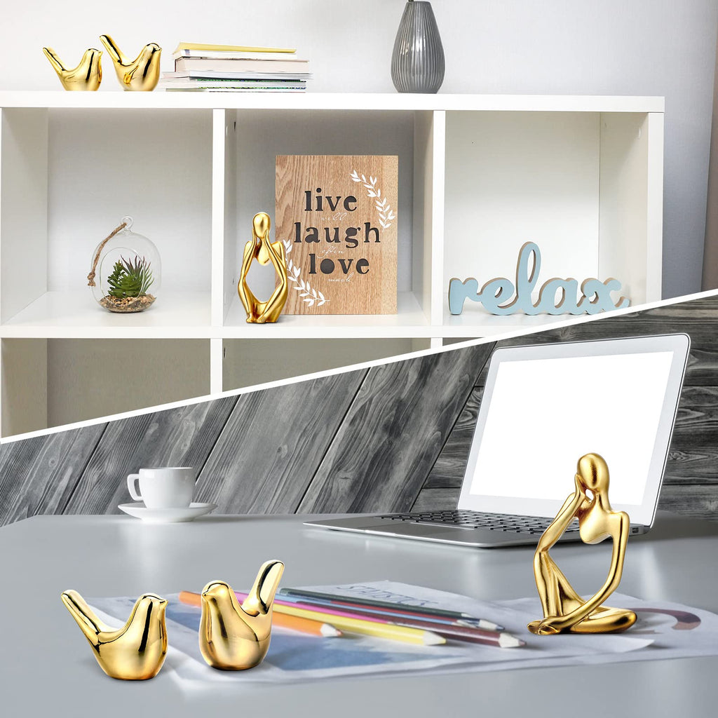 5 Pcs Thinker Statue Bird Figurines Set, Resin Accent Decor, Gold
