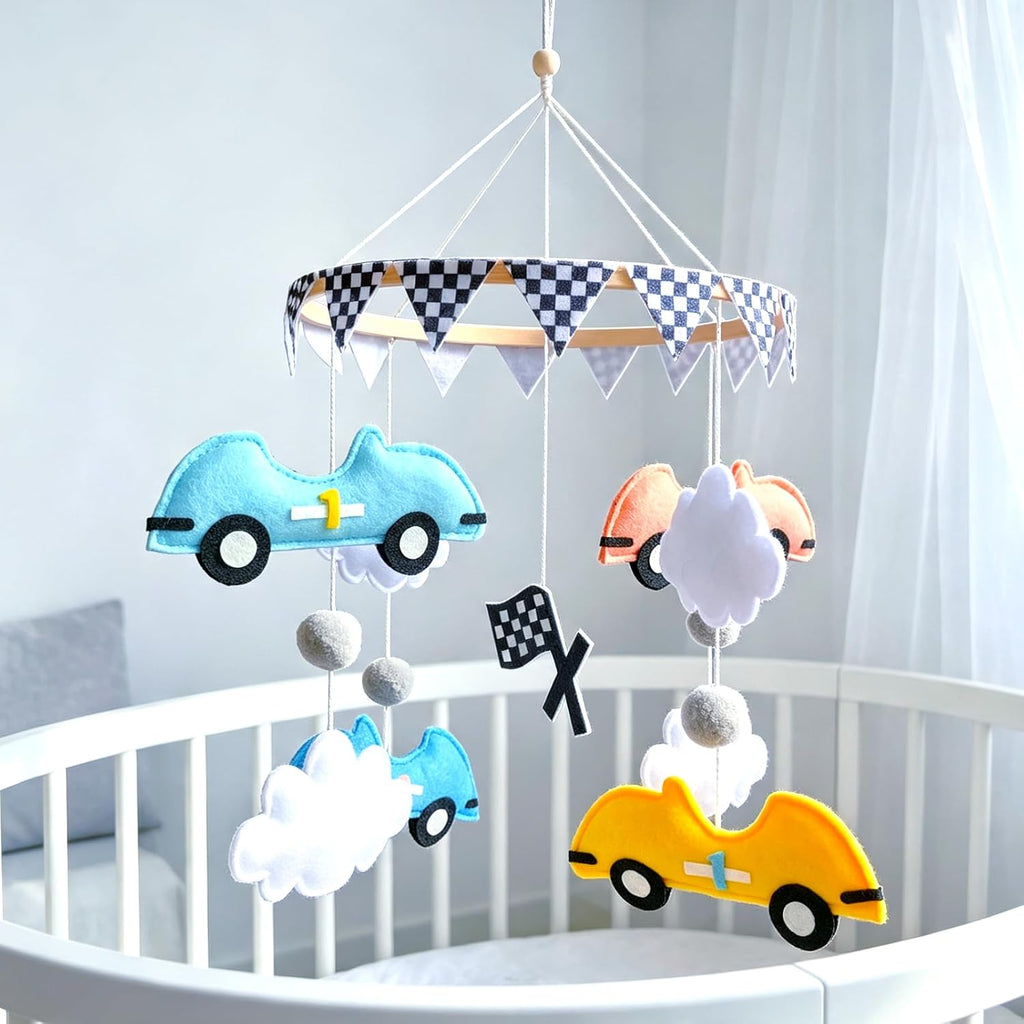 Felt Race Car Baby Crib Mobile, Wooden Hanging Nursery Decor for Baby Boys