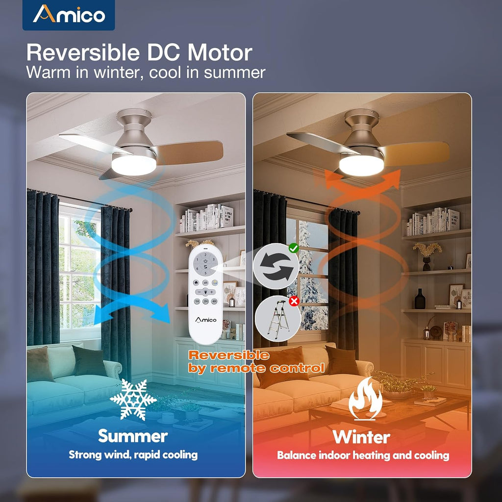 Ceiling Fans with Lights, 30 inch Low Profile Ceiling Fan with Light and Remote Control, Flush Mount, Reversible, 3CCT, Dimmable, Noiseless, Nickel Ceiling Fan for Bedroom, Indoor/Outdoor Use A102-B0C61KVQC4