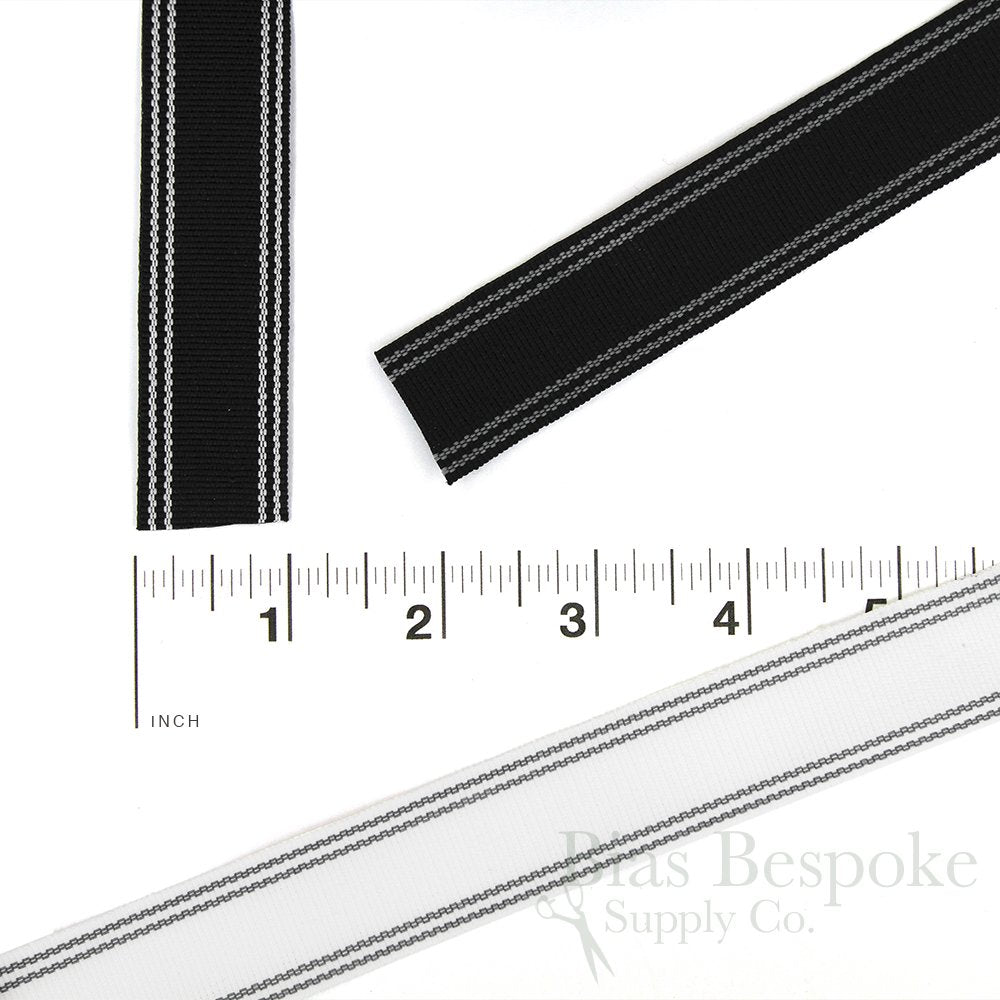 Stiff Petersham Non-Roll Waistbanding, White with Black Stripes, Sold By The Yard, Made in Poland