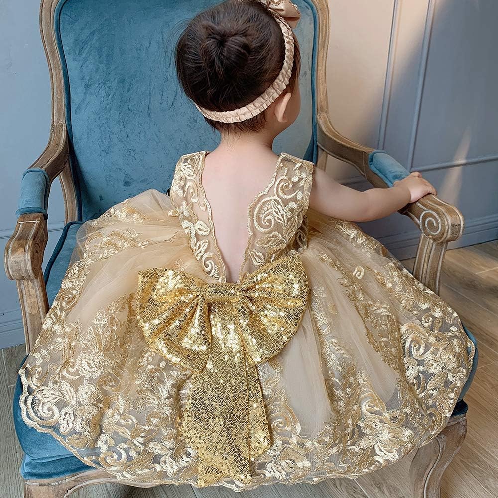 Big Bowknot Sequins Embroidered Lace Party Tutu Gown Toddler Baby Girls Dress with Headwear