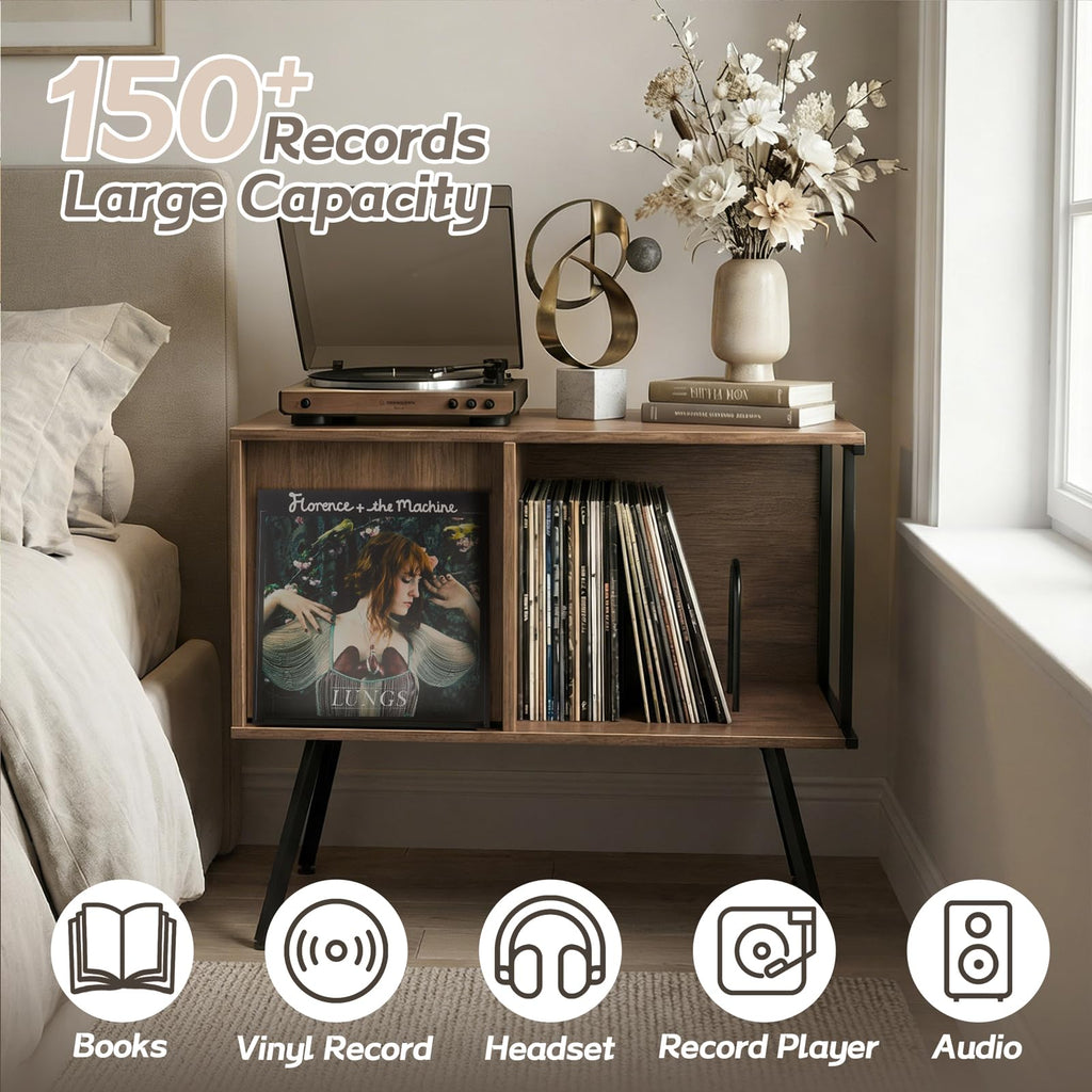 Record Player Stand with Flip-Down Record Shelf, Walnut