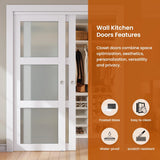 Sliding Closet Door, 72"×80"(Double Barn Doors 37"), Double Frosted 3 Panel Glass Sliding Door with 