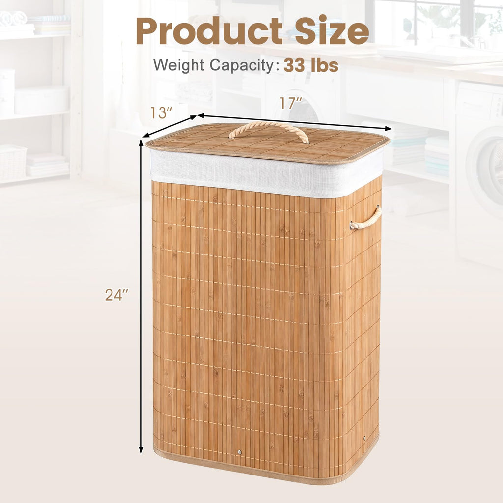 Bamboo Laundry Hamper with Lid, Removable Liner & Portable Handles