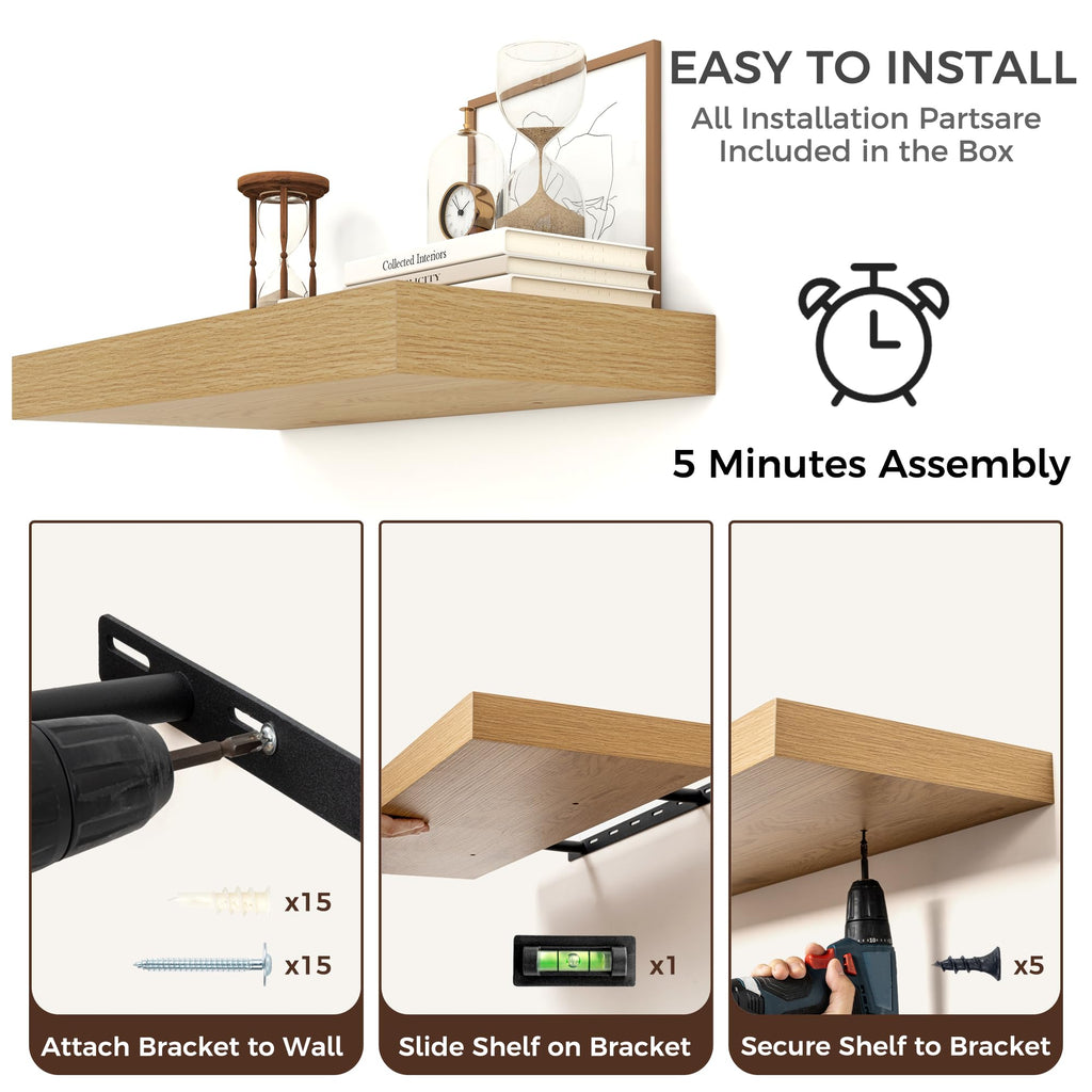 24 Inch Floating Shelves for Wall, 6.5"D Wood Storage Shelves, Oak Finish