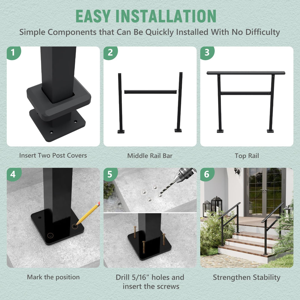2 Pack Hand Rails for Outdoor Steps, 2-3 Step Railing for Stairs, Adjustable Porch Railing, Hand Rails for
