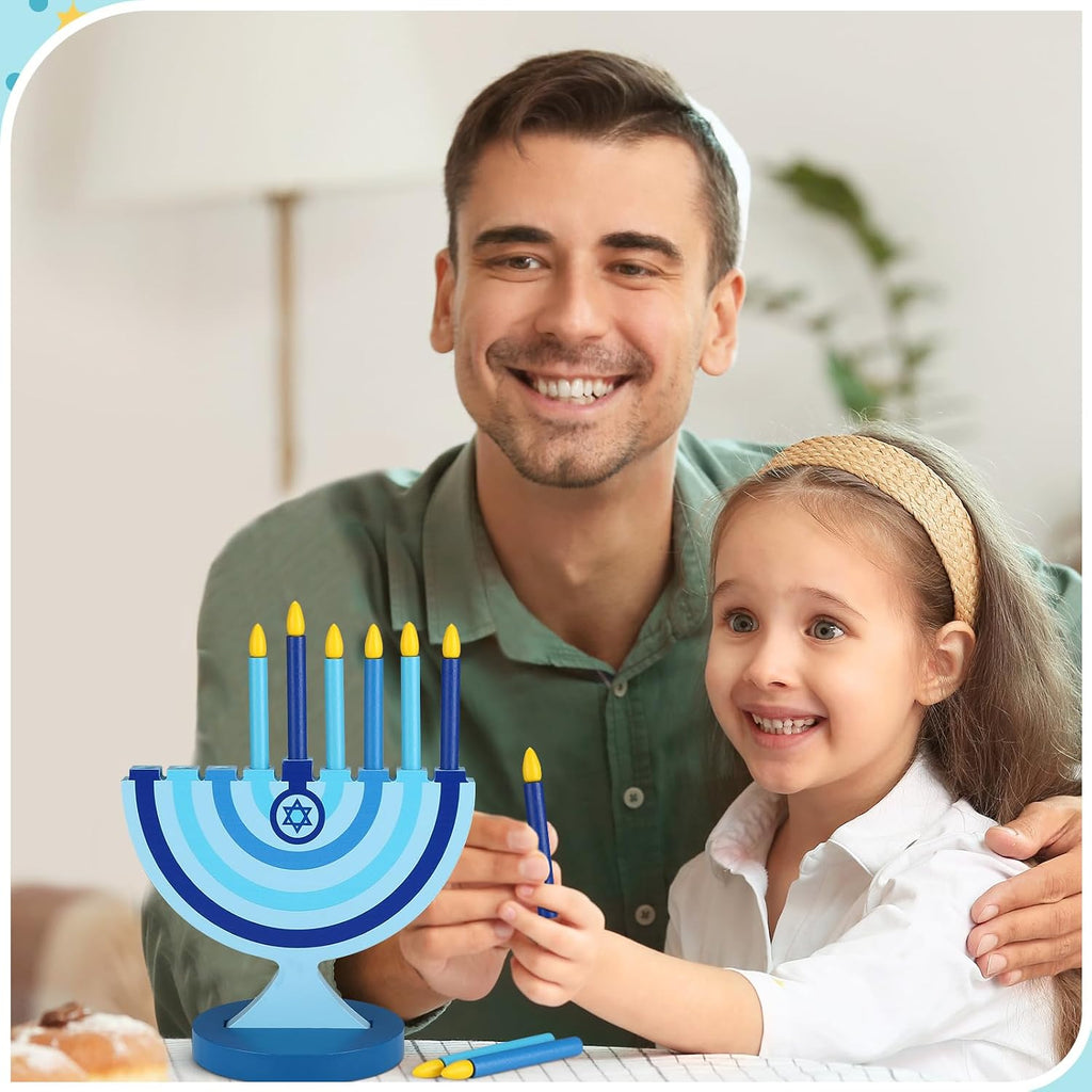 Wooden Hanukkah with 9 Removable Candles,Classic,Blue - Set of 9
