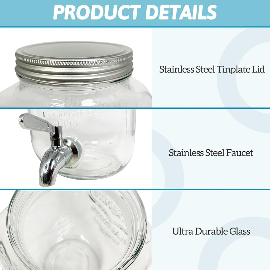 1 Gallon Drink Dispenser With Stand Leak Proof Stainless Steel Faucet Wide Mouth Mason Jar Style Glass Drink