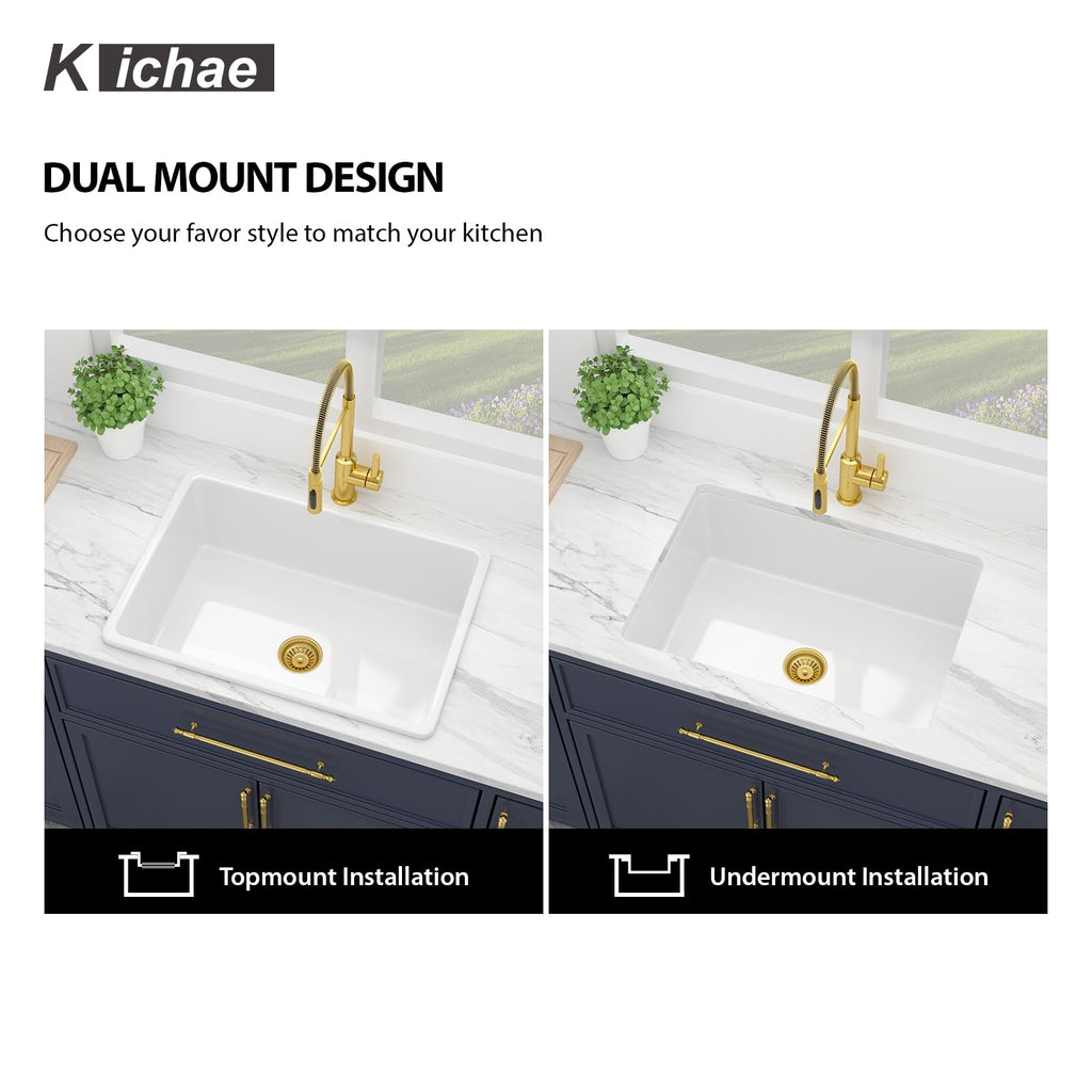 27 Inch White Undermount Sink Fireclay 27x19 Inch Dual Drop in & Undermount Single Bowl Deep Porcelain Ceramic
