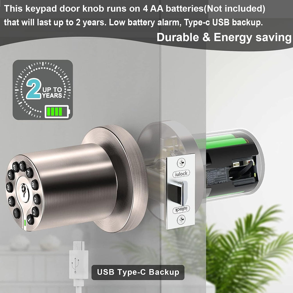 Waterproof Electronic Door Knob with Keypad and Key, Auto Lock, Satin Nickel, 50 Codes, Easy to use and install