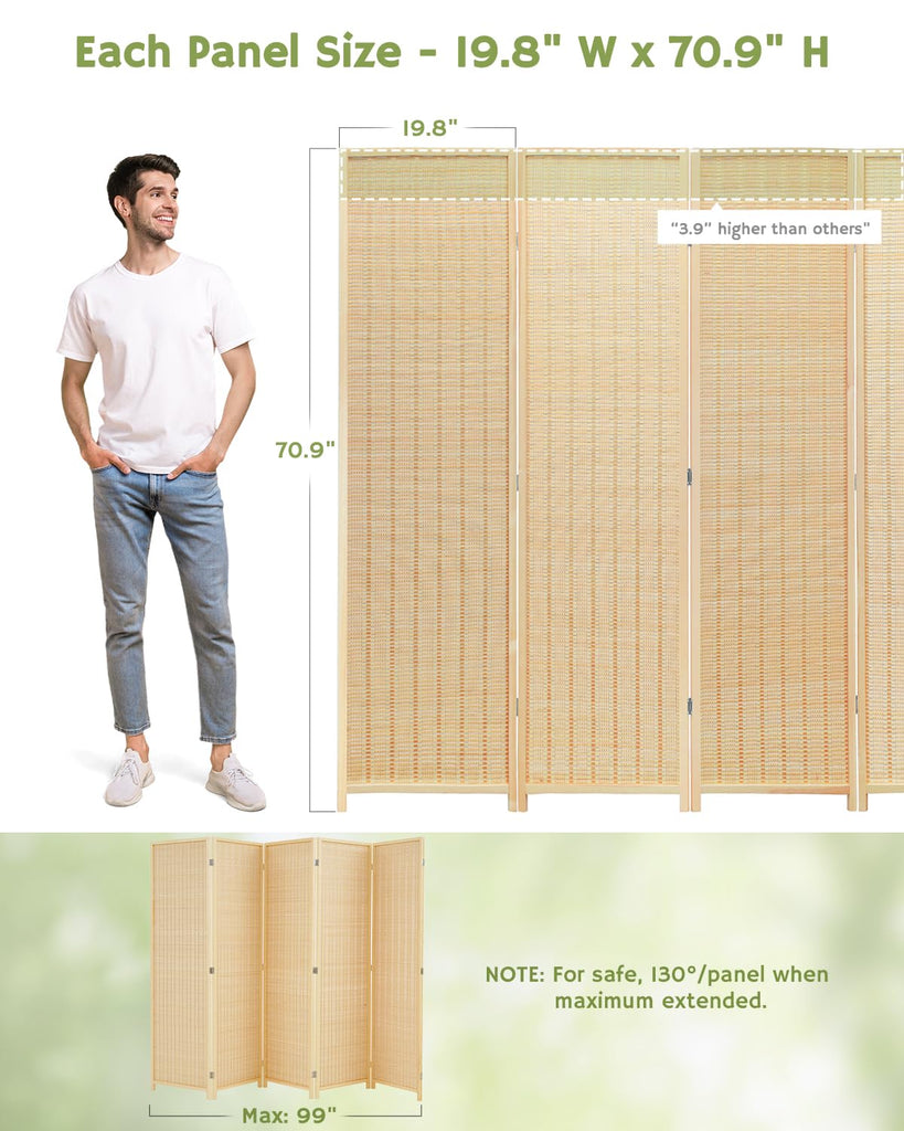 Bamboo Room Divider, 5-Panel Folding Privacy Screen, 6 ft. Tall