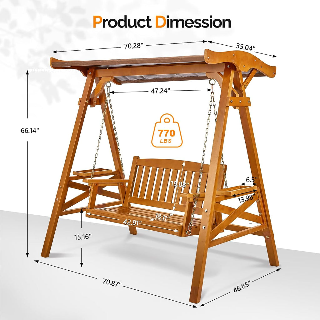 Porch Swing with Canopy and Stand, Waterproof Outdoor Swing, Brown | Waterproof Sunshade Canopy; Stable Swing Frame;
