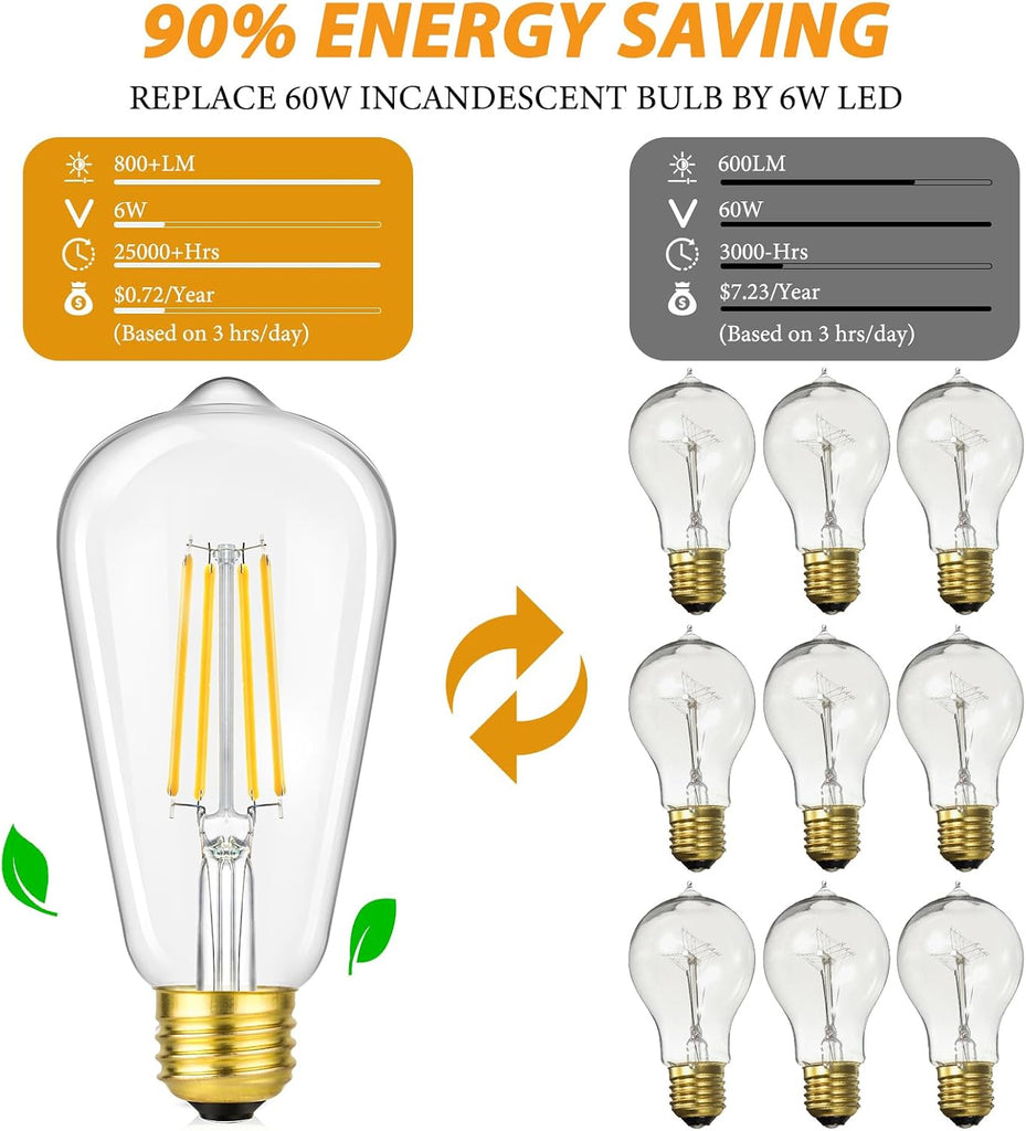 Dimmable Vintage LED Edison Bulbs 60W Equivalent, 6-Pack 6W 800LM Bright ST58 2700K Warm White Antique LED Filament