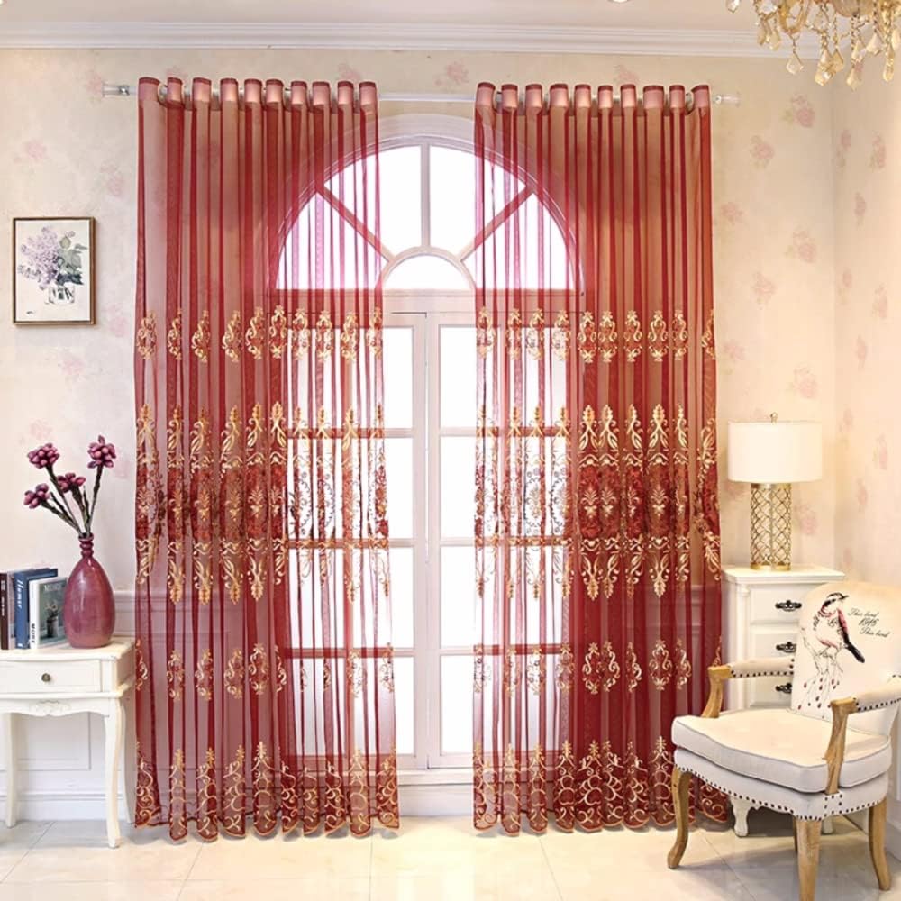 1 Pair European Jacquard Sheer Curtains for Living Room Bedroom Luxury Embroidered Tulle Curtains (Red,52x96 Inch)